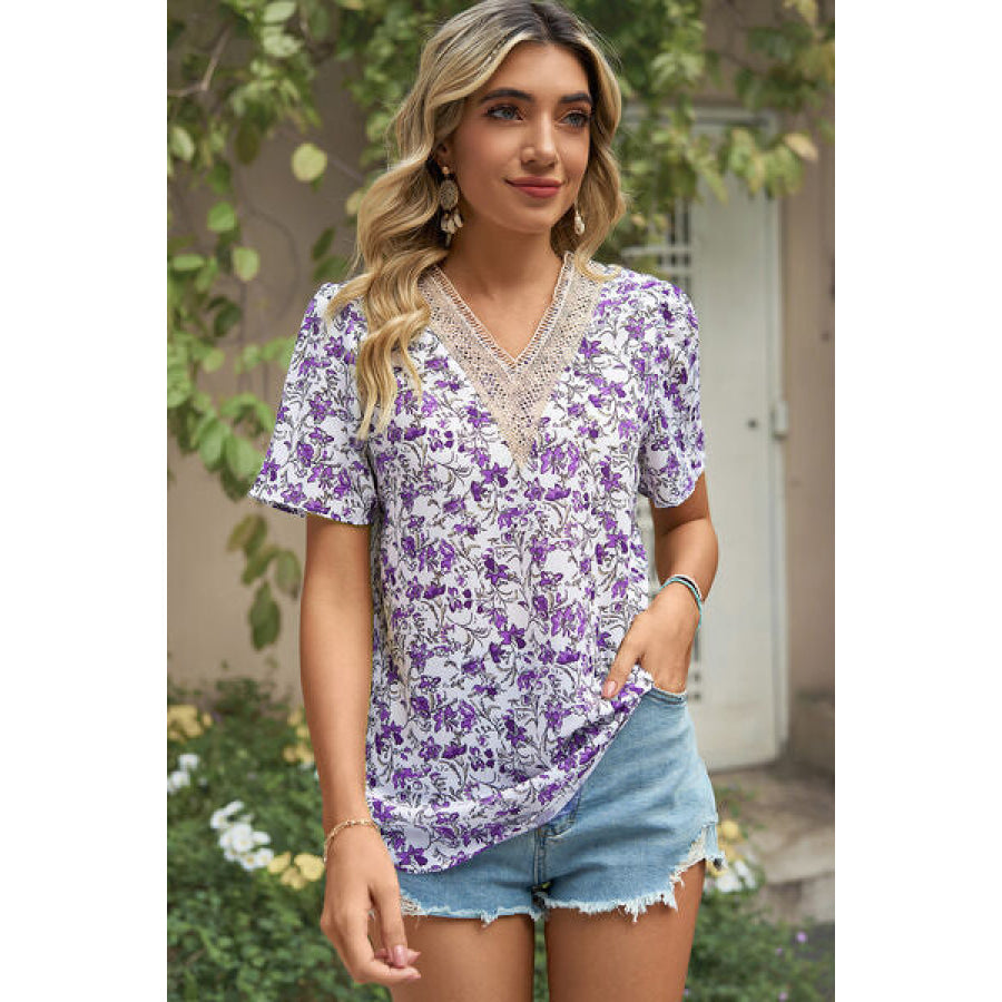 Floral V - Neck Short Sleeve T - Shirt Apparel and Accessories