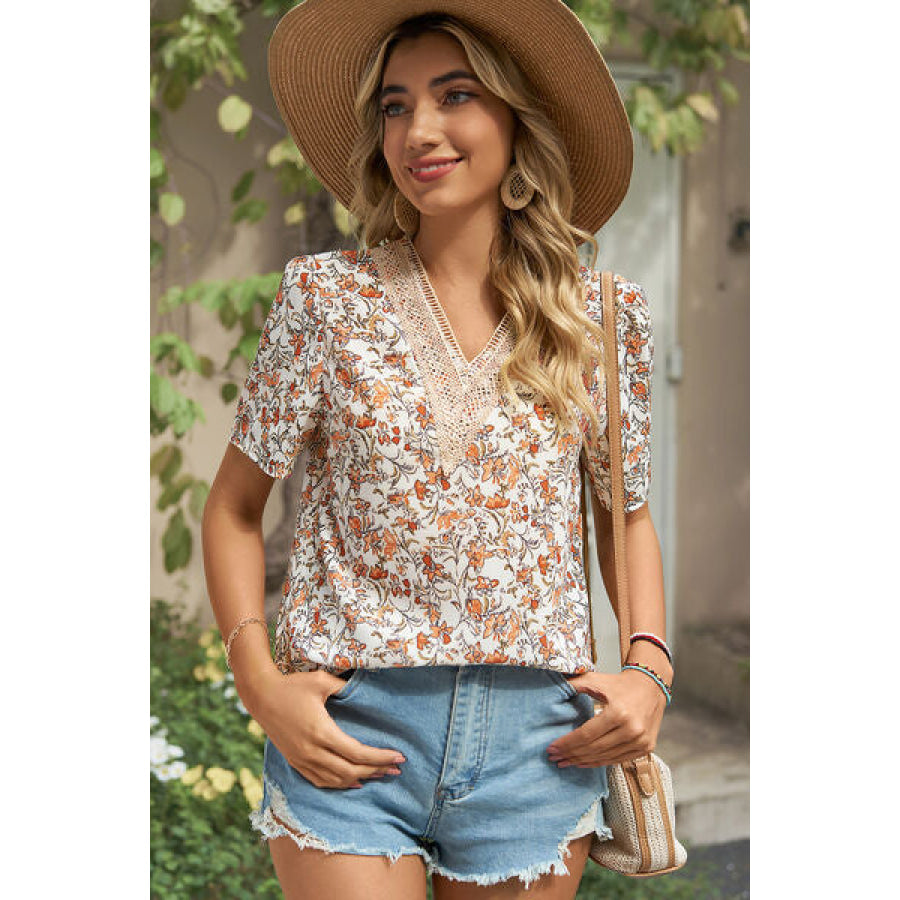 Floral V - Neck Short Sleeve T - Shirt Camel / S Apparel and Accessories