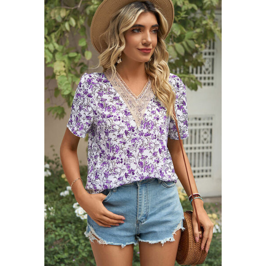 Floral V - Neck Short Sleeve T - Shirt Light Indigo / S Apparel and Accessories