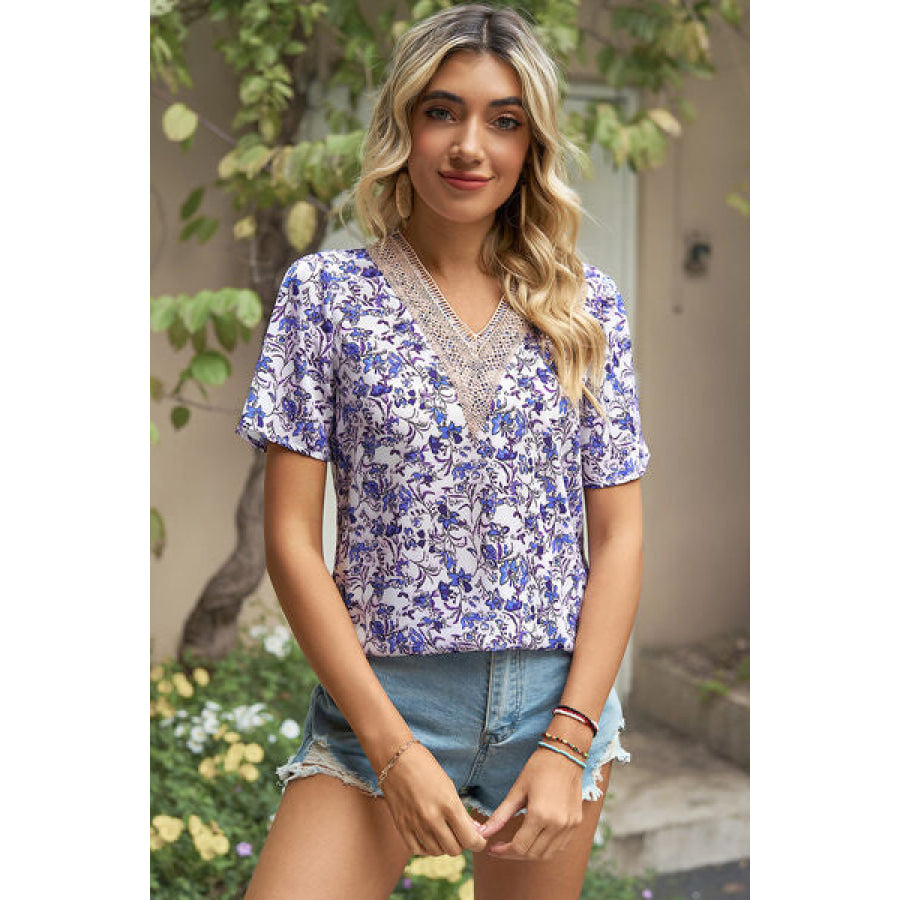 Floral V - Neck Short Sleeve T - Shirt Purple / S Apparel and Accessories