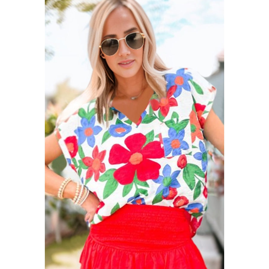 Floral V-Neck Short Sleeve Top Floral / S