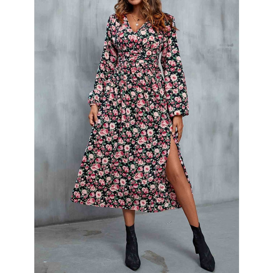 Floral V-Neck Slit Midi Dress Carnation Pink / S