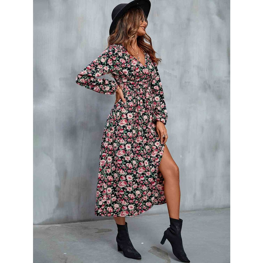 Floral V-Neck Slit Midi Dress Carnation Pink / S