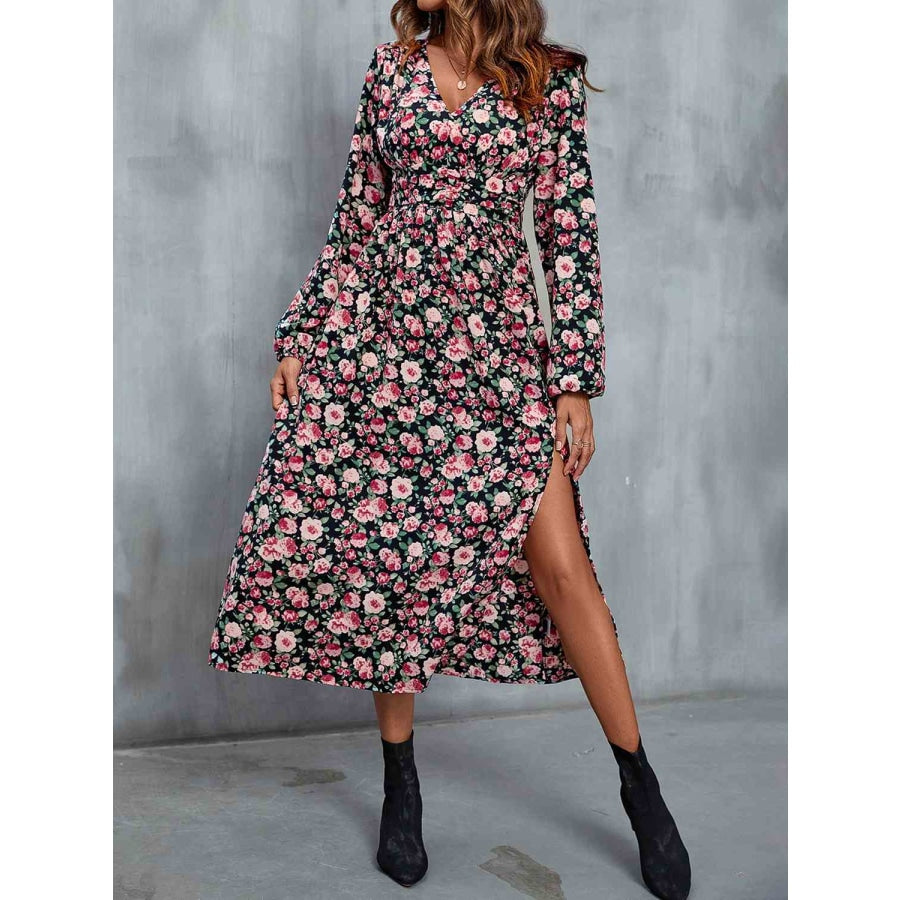 Floral V-Neck Slit Midi Dress