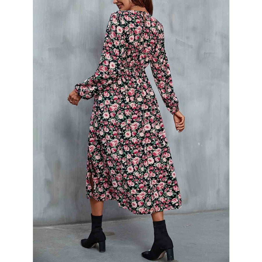 Floral V-Neck Slit Midi Dress