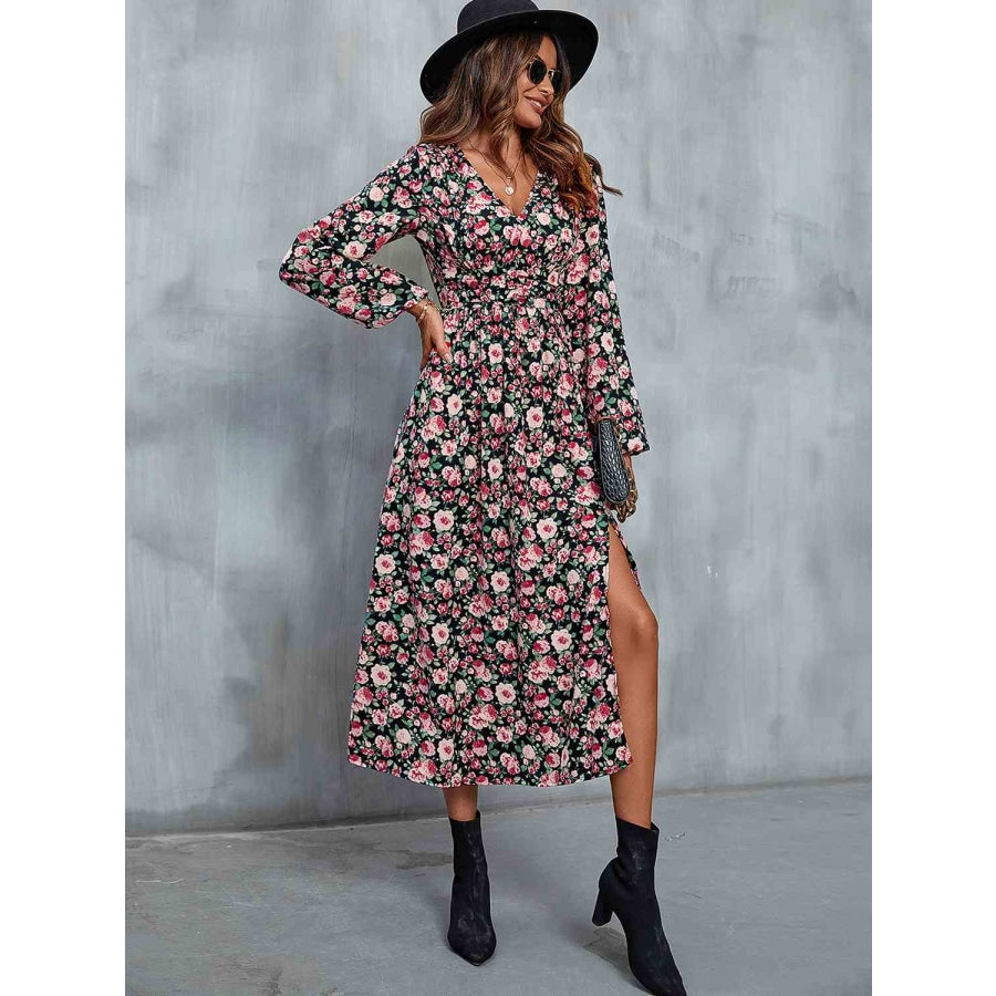 Floral V-Neck Slit Midi Dress