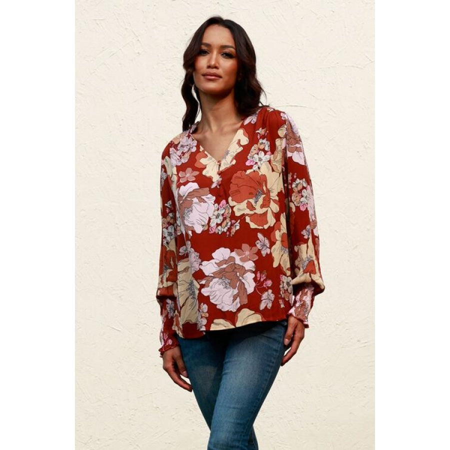 Floral V-Neck Smocked Lantern Sleeve Blouse Chestnut / S