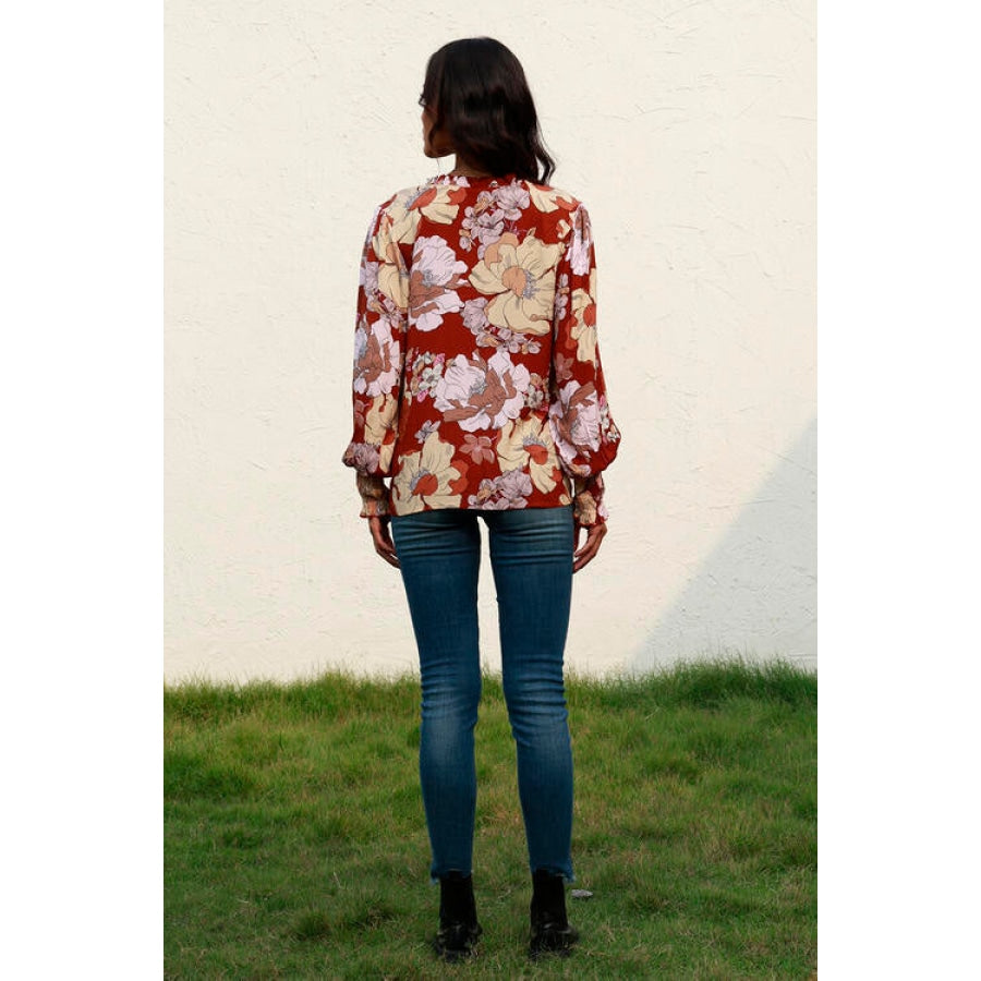 Floral V-Neck Smocked Lantern Sleeve Blouse