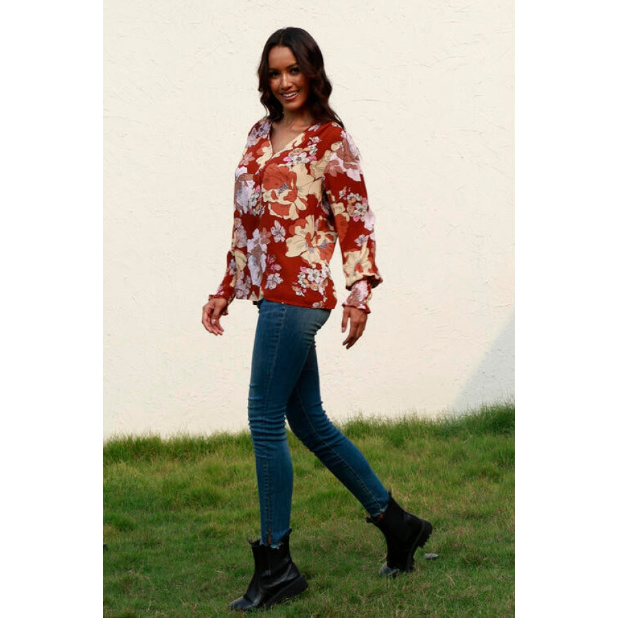 Floral V-Neck Smocked Lantern Sleeve Blouse