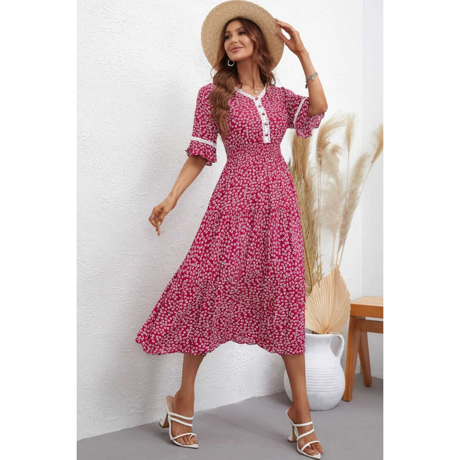 Floral V-Neck Smocked Waist Midi Dress Deep Rose / S