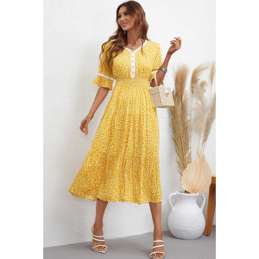 Floral V-Neck Smocked Waist Midi Dress Mustard / S