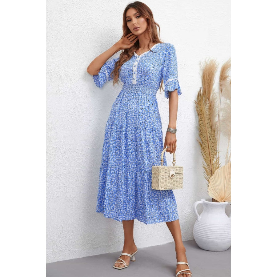 Floral V-Neck Smocked Waist Midi Dress Sky Blue / S