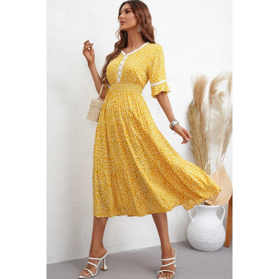 Floral V-Neck Smocked Waist Midi Dress