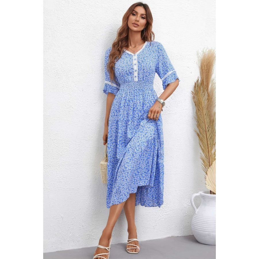 Floral V-Neck Smocked Waist Midi Dress