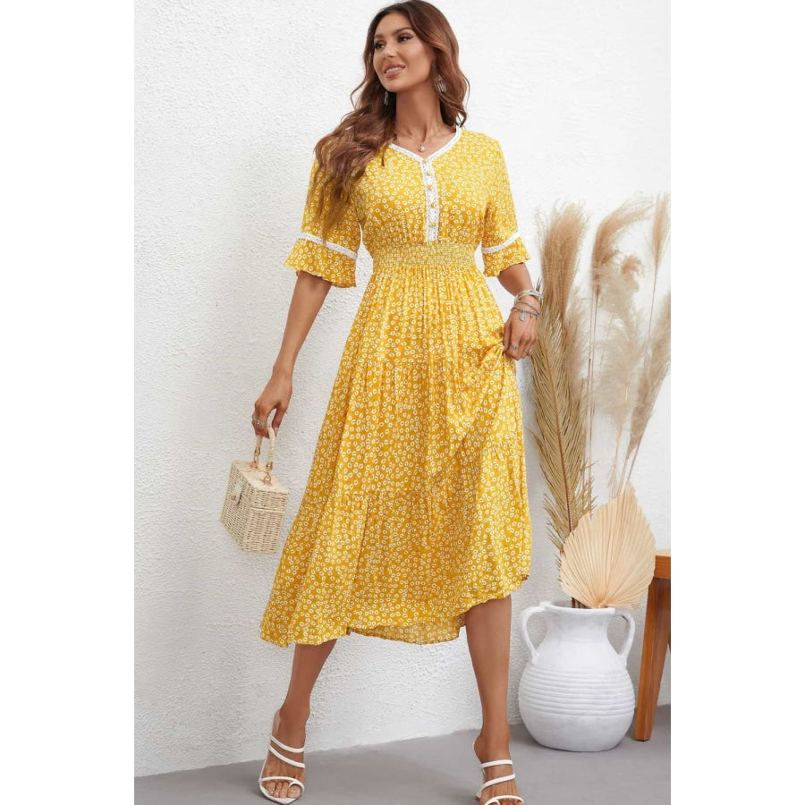 Floral V-Neck Smocked Waist Midi Dress