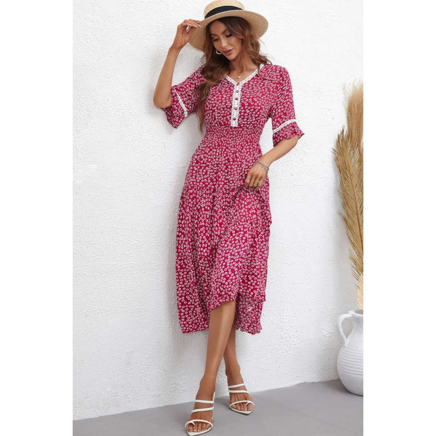 Floral V-Neck Smocked Waist Midi Dress