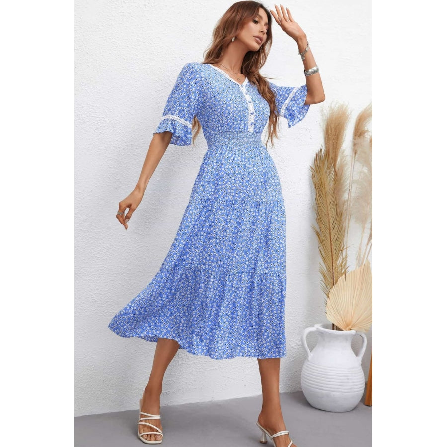 Floral V-Neck Smocked Waist Midi Dress