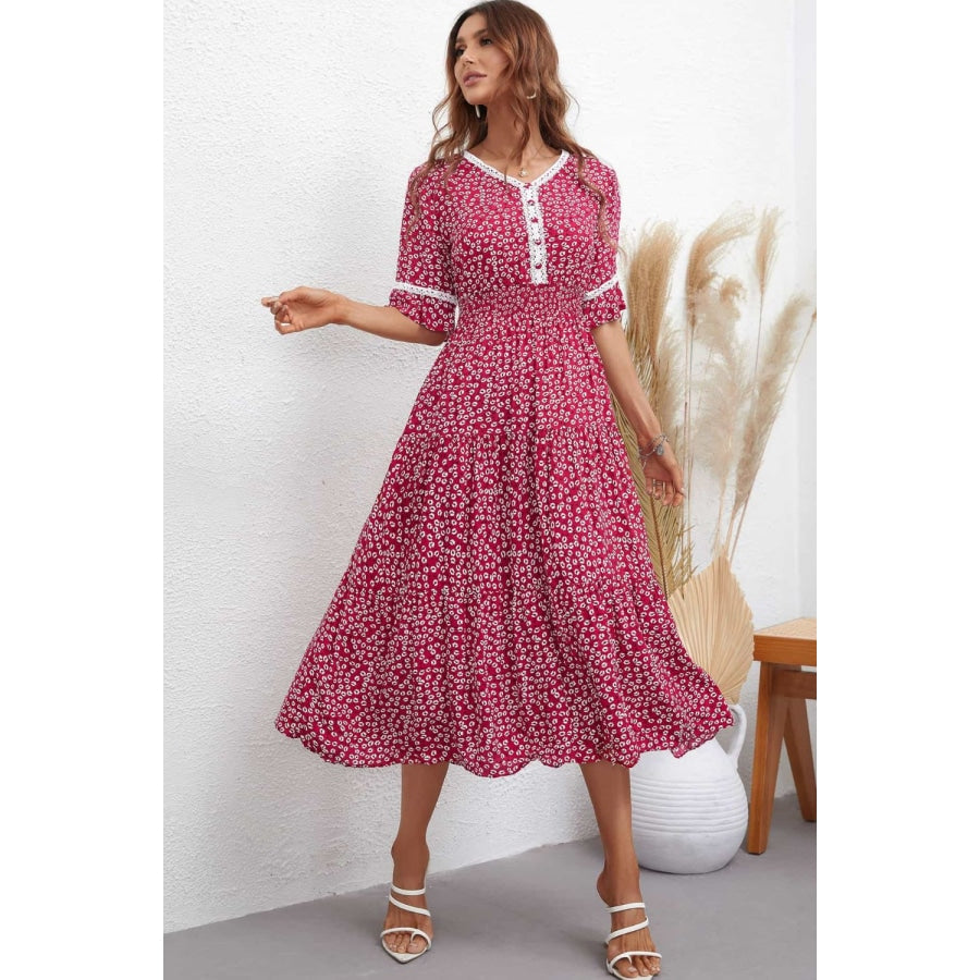 Floral V-Neck Smocked Waist Midi Dress