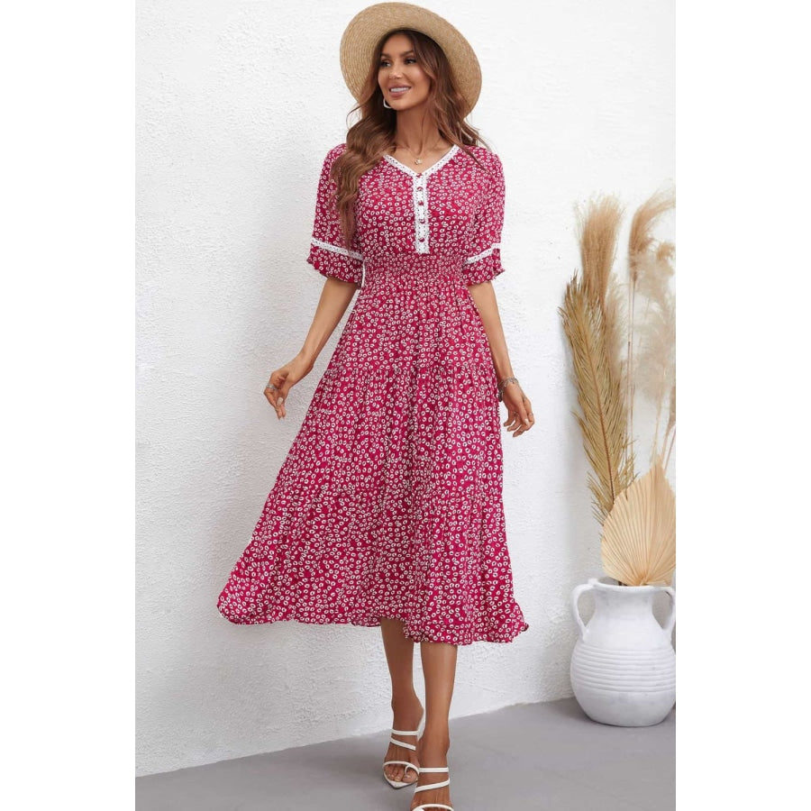 Floral V-Neck Smocked Waist Midi Dress