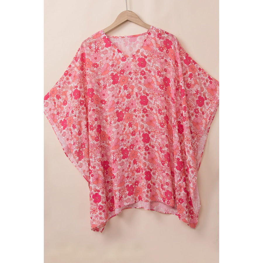 Floral V-Neck Three-Quarter Sleeve Blouse Apparel and Accessories