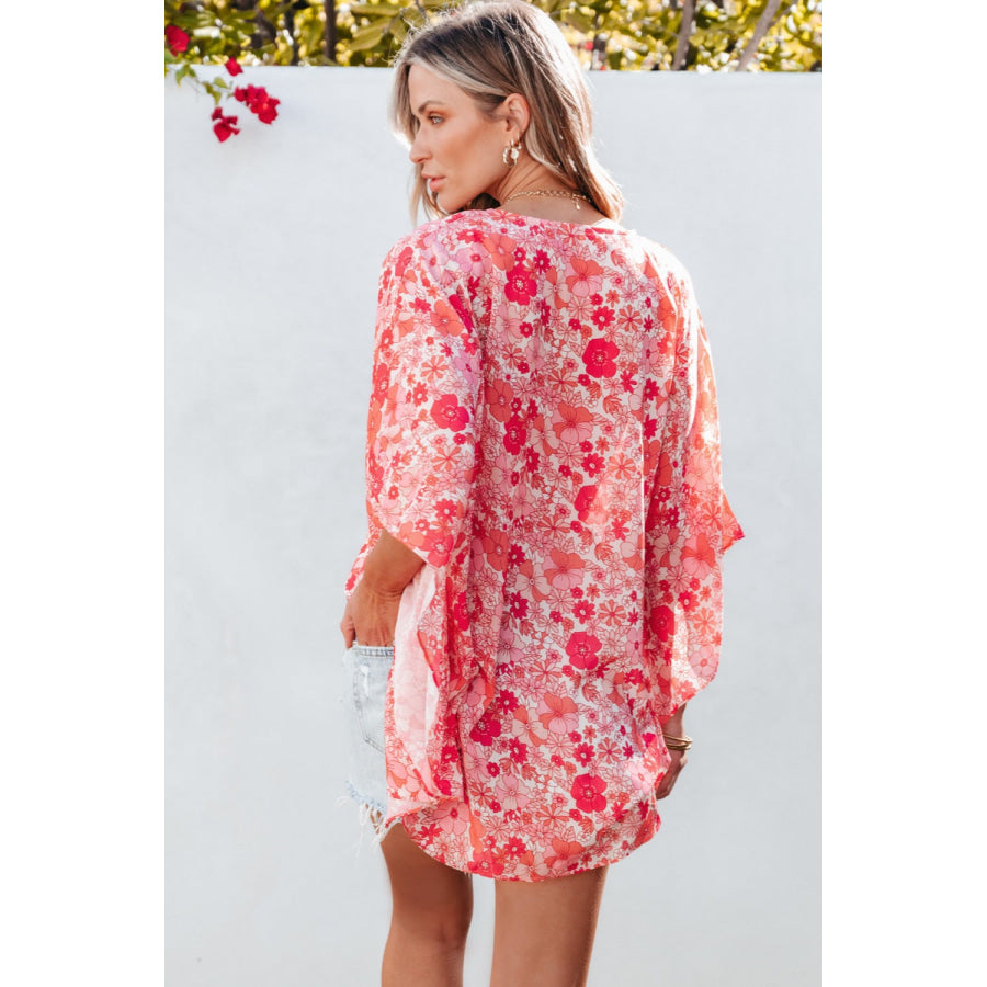Floral V-Neck Three-Quarter Sleeve Blouse Apparel and Accessories