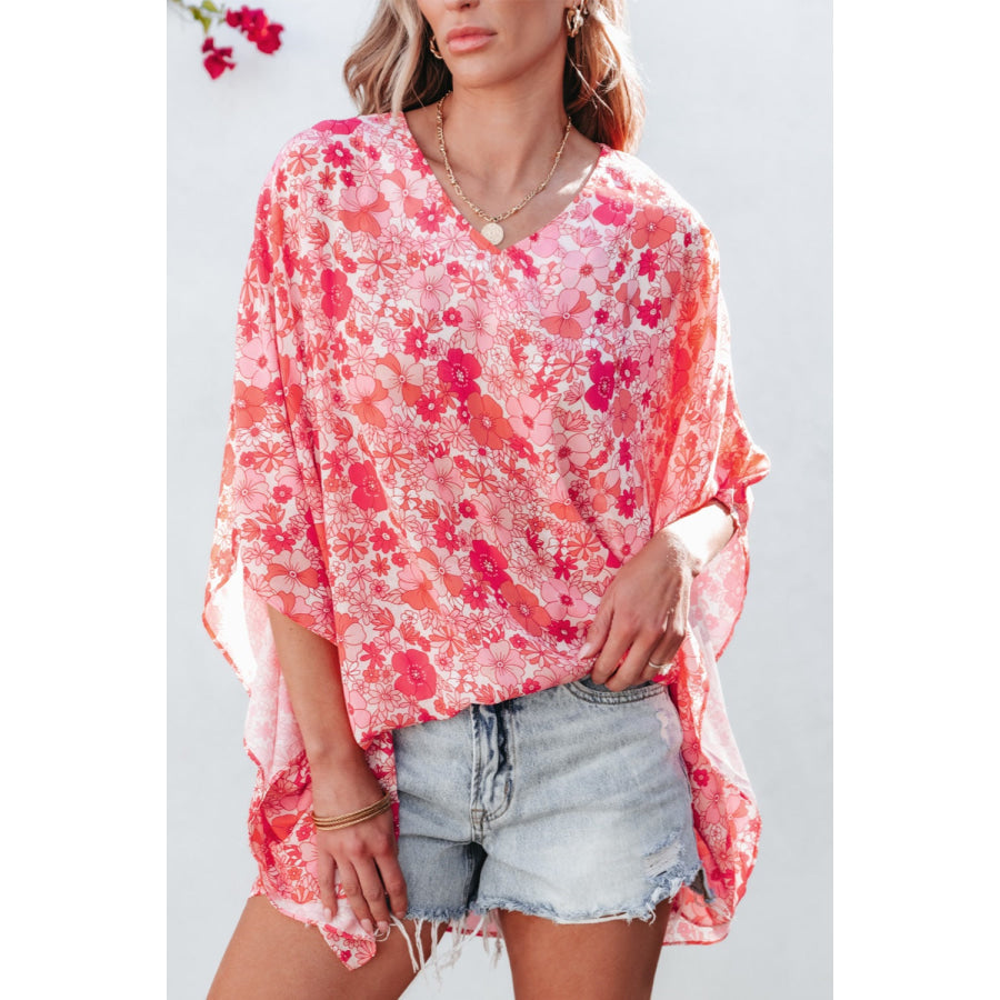Floral V-Neck Three-Quarter Sleeve Blouse Strawberry / S Apparel and Accessories