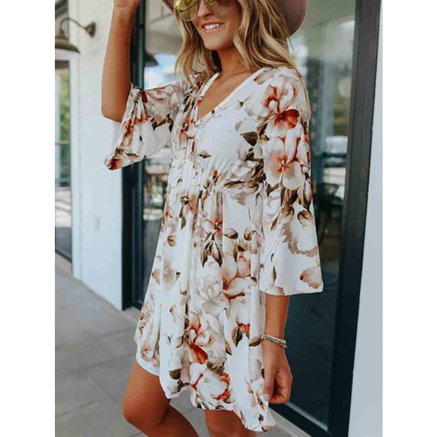 Floral V-Neck Three-Quarter Sleeve Dress Clothing