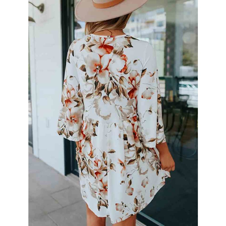 Floral V-Neck Three-Quarter Sleeve Dress Clothing