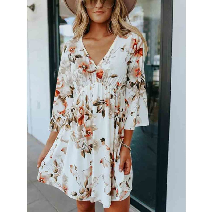 Floral V-Neck Three-Quarter Sleeve Dress White / S Clothing