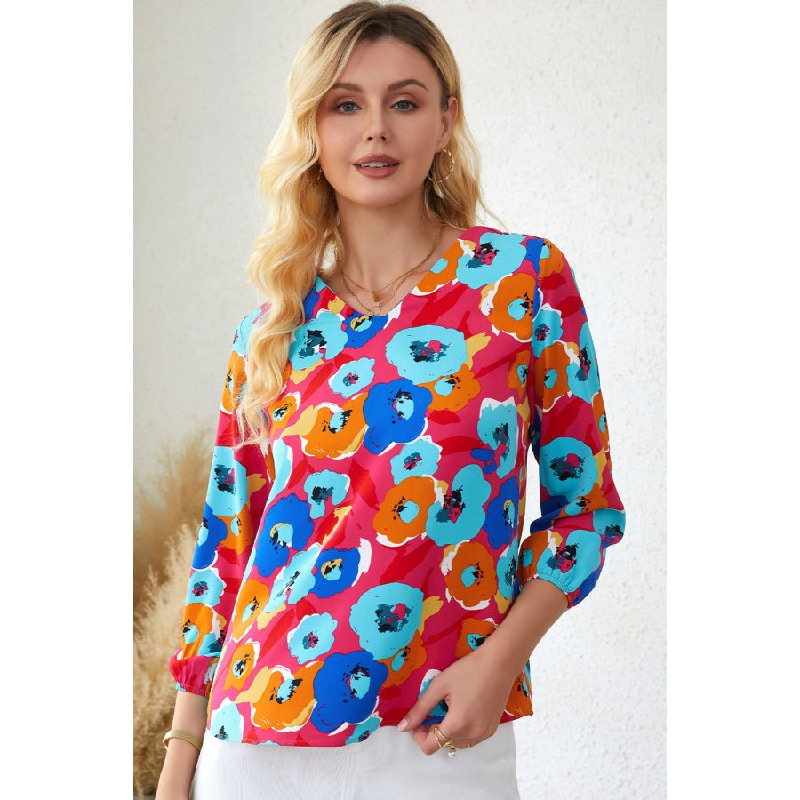 Floral V-Neck Three-Quarter Sleeve Top Deep Rose / S