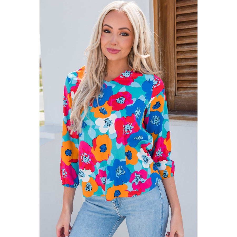 Floral V-Neck Three-Quarter Sleeve Top Teal / S