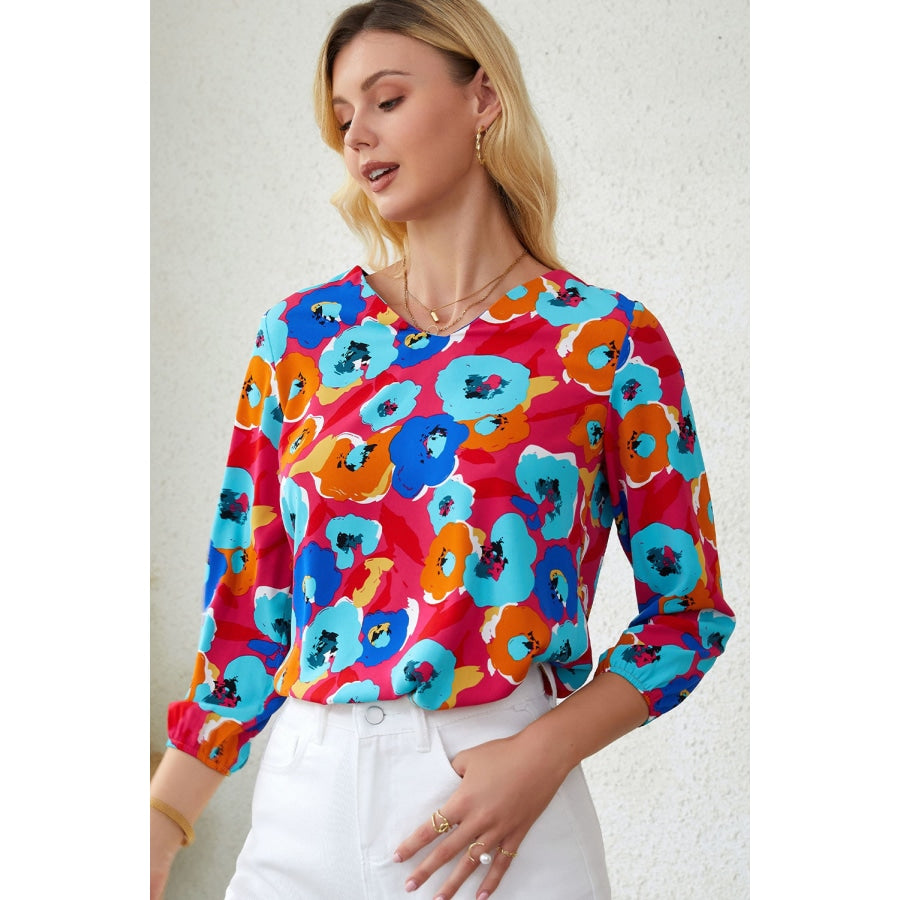 Floral V-Neck Three-Quarter Sleeve Top