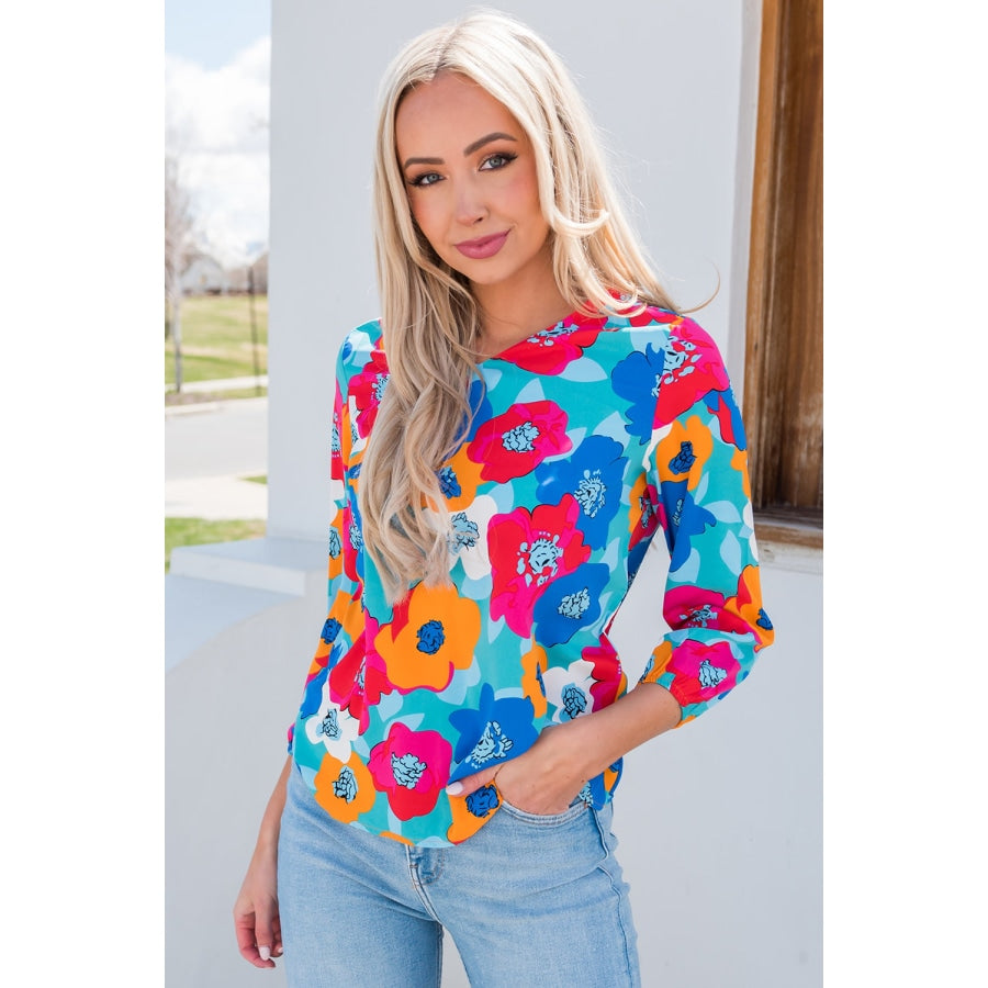 Floral V-Neck Three-Quarter Sleeve Top