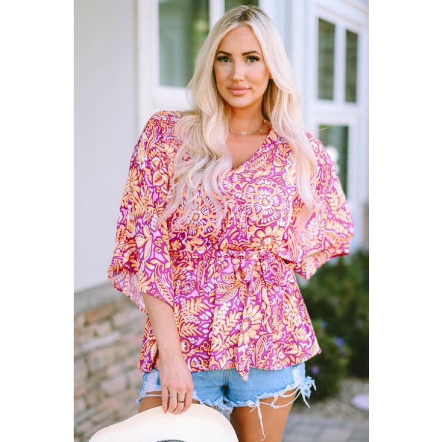 Floral V-Neck Tie Front Ruffled Blouse Blush Pink / S