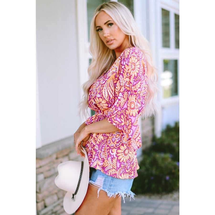 Floral V-Neck Tie Front Ruffled Blouse