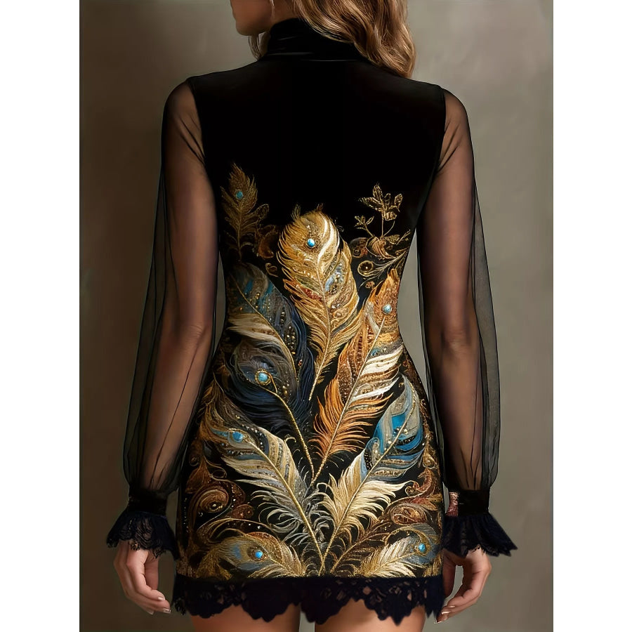 Floral Velvet Mini Dress with Sheer Mesh Sleeves Apparel and Accessories