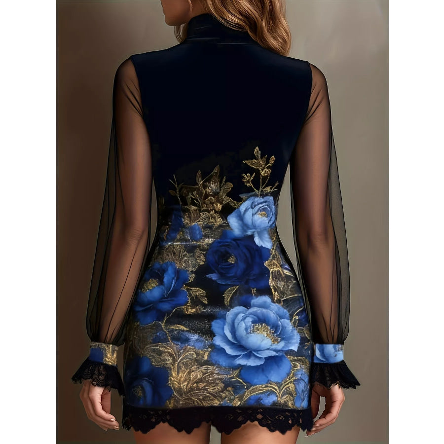 Floral Velvet Mini Dress with Sheer Mesh Sleeves Apparel and Accessories