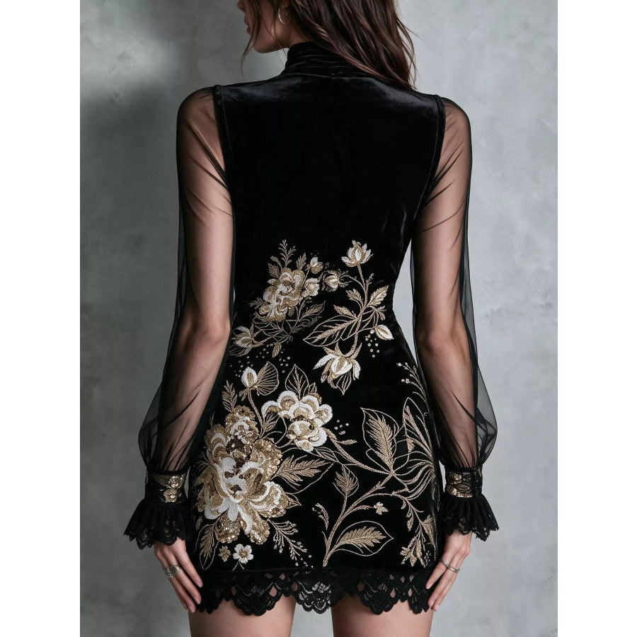 Floral Velvet Mini Dress with Sheer Mesh Sleeves Apparel and Accessories