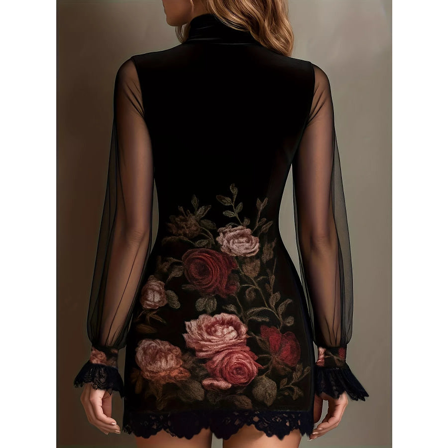 Floral Velvet Mini Dress with Sheer Mesh Sleeves Apparel and Accessories