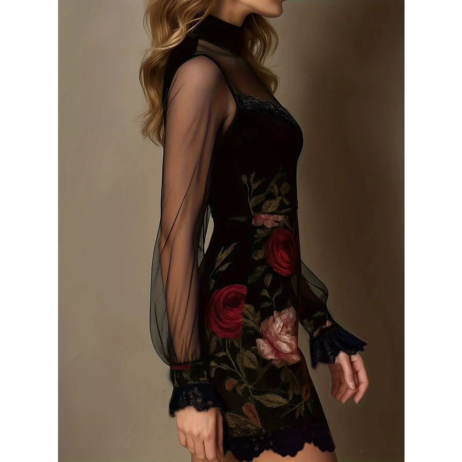Floral Velvet Mini Dress with Sheer Mesh Sleeves Apparel and Accessories