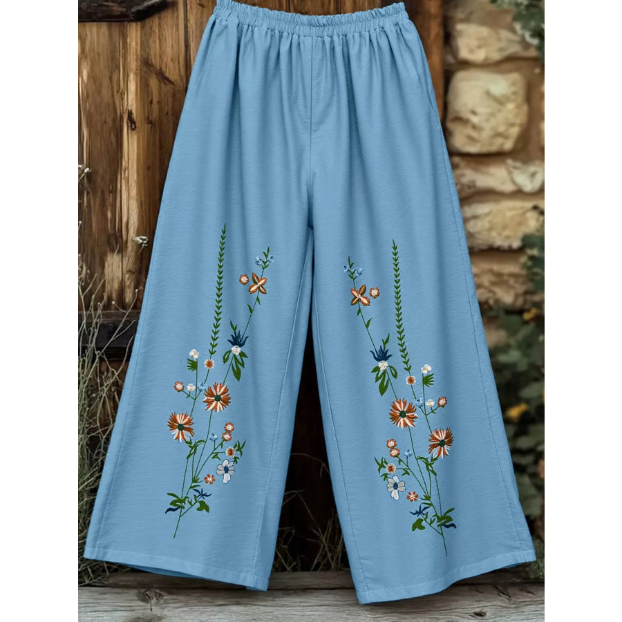 Floral Wide Leg Pants Sky Blue / S Apparel and Accessories