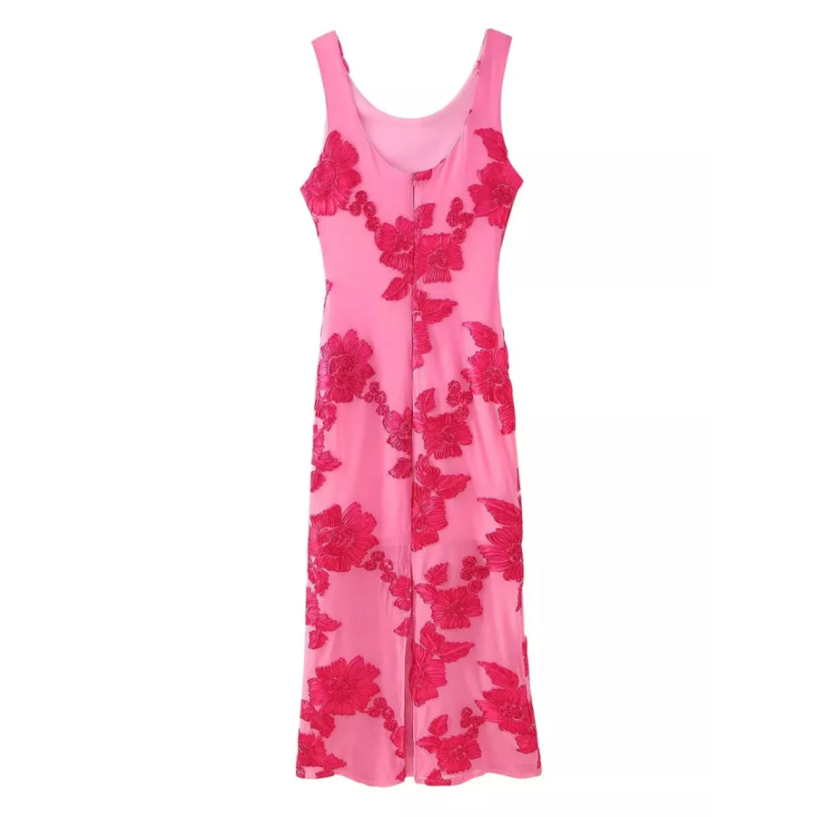 Floral Wide Strap Midi Dress Hot Pink / S Apparel and Accessories