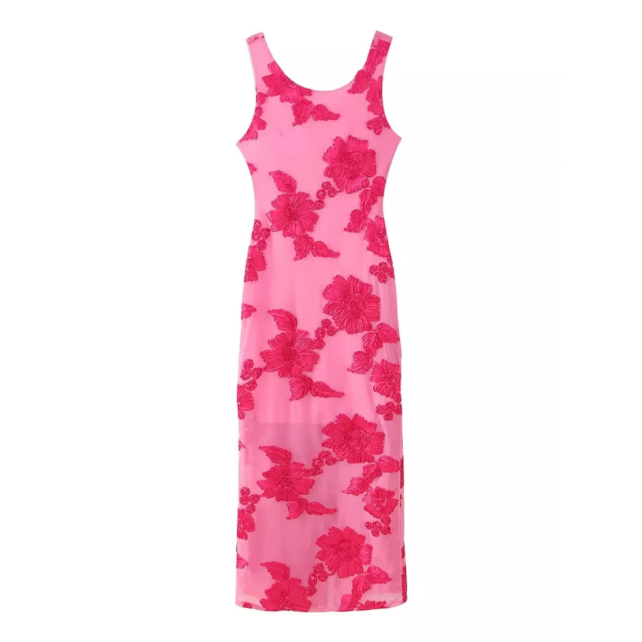 Floral Wide Strap Midi Dress Hot Pink / S Apparel and Accessories