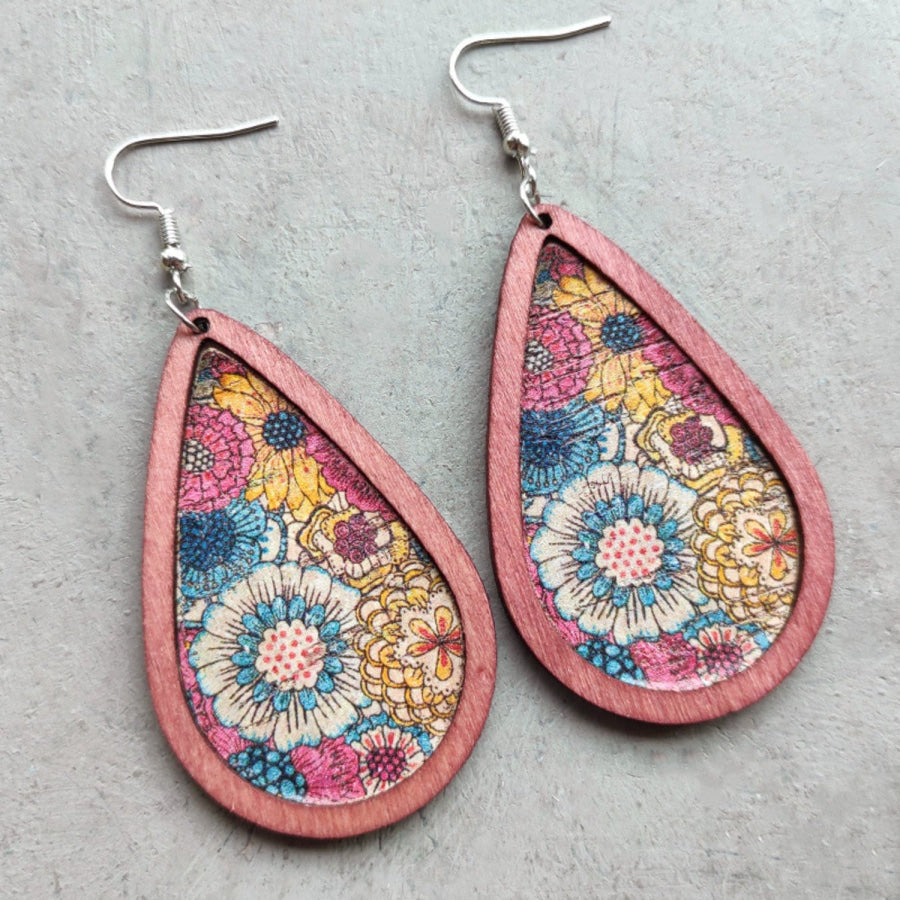 Floral Wood Teardrop Earrings Light Mauve / One Size Apparel and Accessories