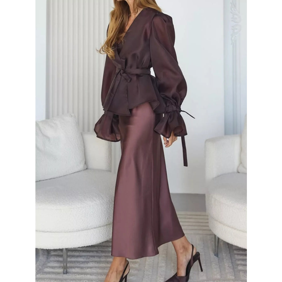 Flounce Sleeve Blouse and Satin Midi Skirt Two-Piece Set Apparel and Accessories