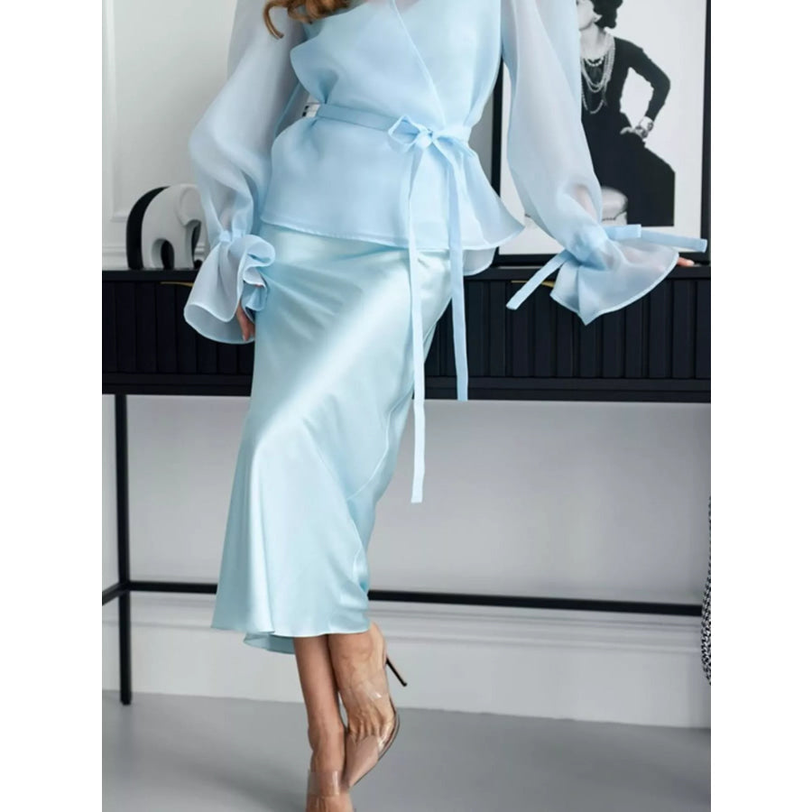 Flounce Sleeve Blouse and Satin Midi Skirt Two-Piece Set Blue / S Apparel and Accessories