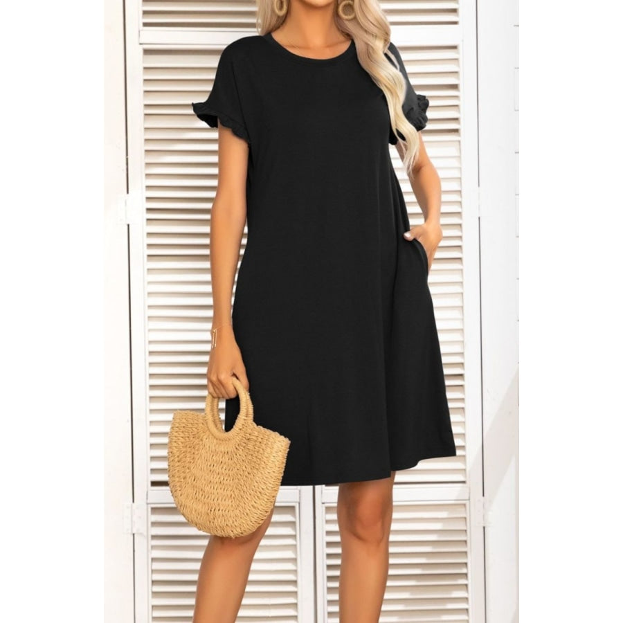 Flounce Sleeve Round Neck Dress with Pockets Black / S