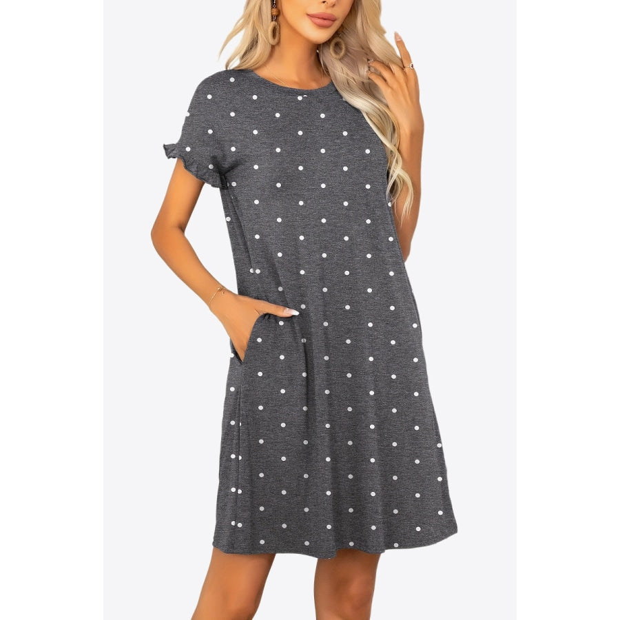 Flounce Sleeve Round Neck Dress with Pockets Dark Gray / S