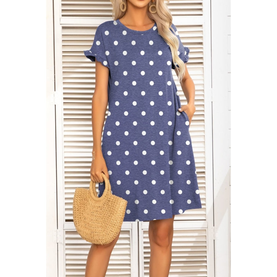 Flounce Sleeve Round Neck Dress with Pockets Dusty Blue / S