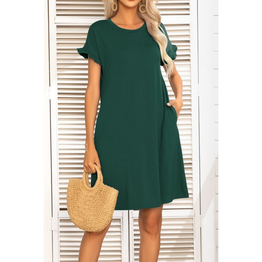 Flounce Sleeve Round Neck Dress with Pockets Forest / S